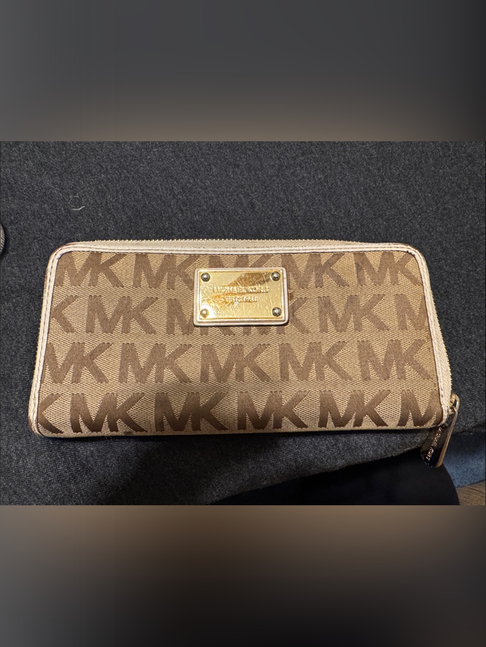 Michael Kors Tan and Brown Signature Zip Wallet with Gold Plaque